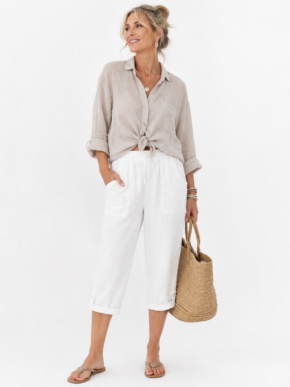 Erika Blair Capri White Pull On Crop Pants NWT Relaxed Coastal Large